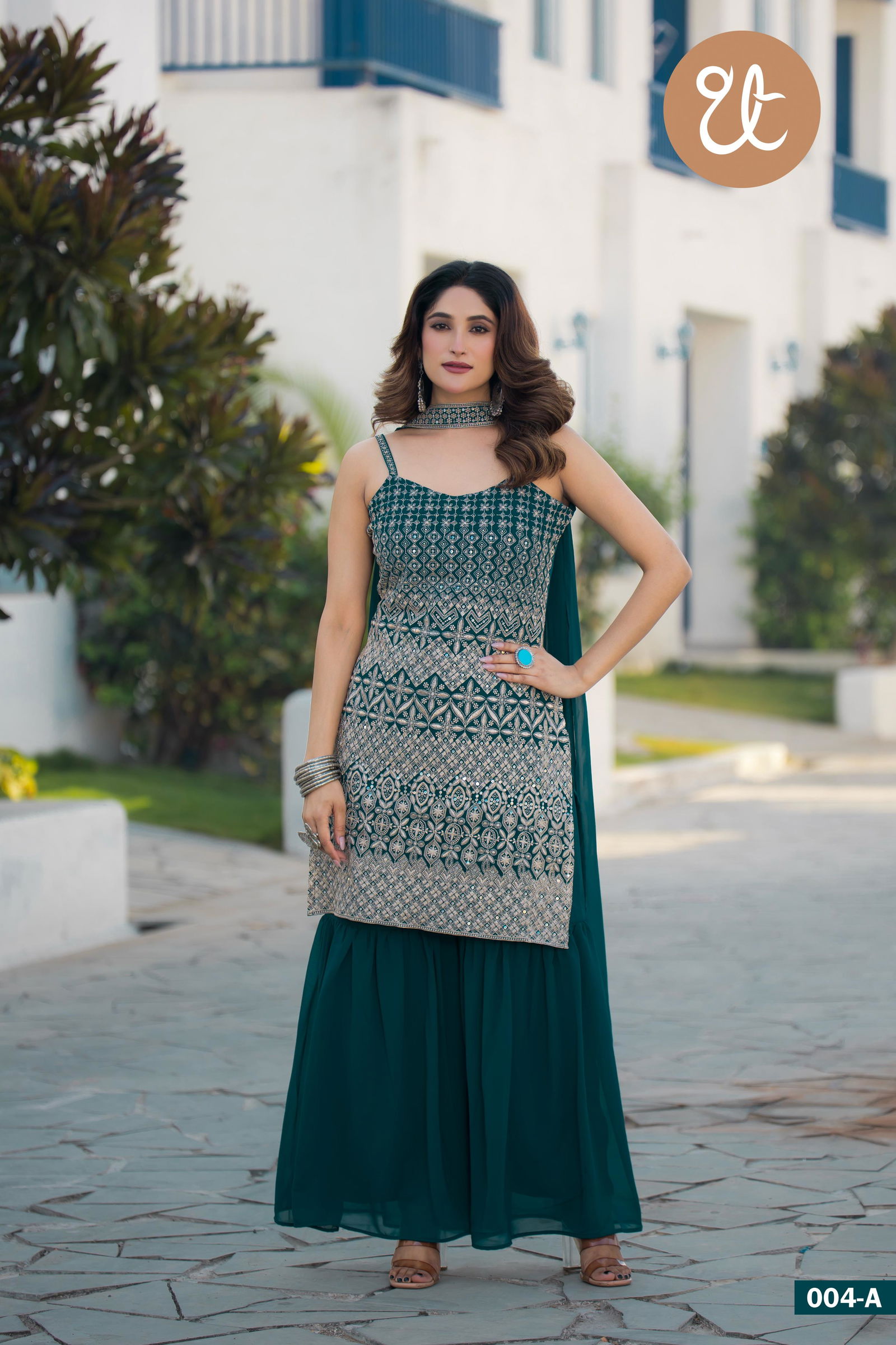 Tt 004 A to D Chinon Embroidery Readymade Suits Suppliers In India